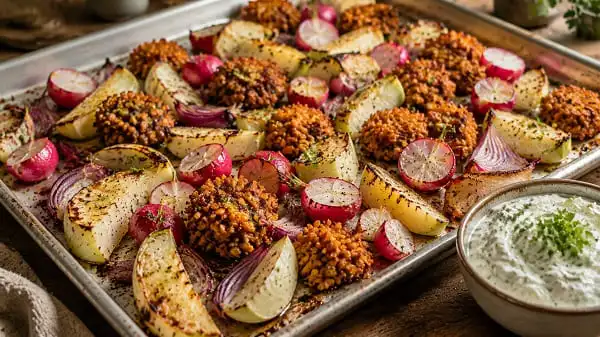 Ofenblech mit Kohlrabi und Radieschen, dazu Linsenkruste und Kräuterquark