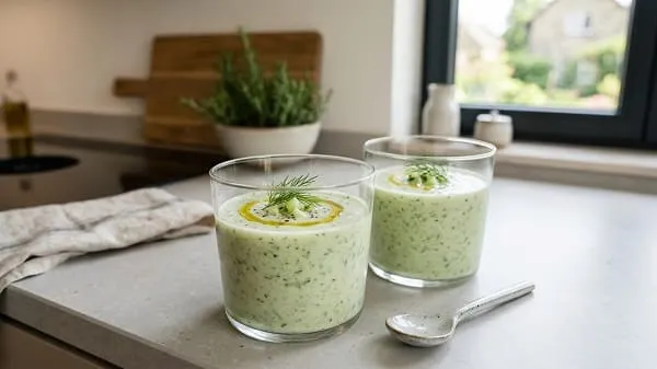 Kalte Gurkensuppe mit Joghurt und Dill in Gläsern