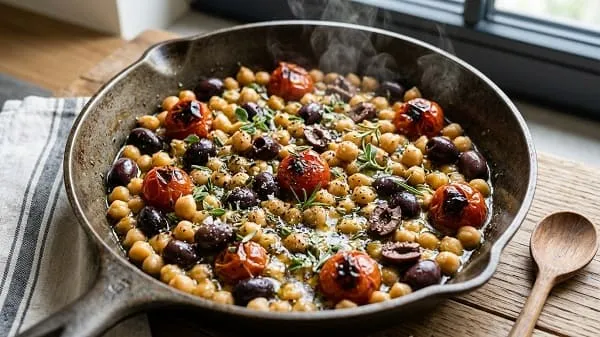 Kichererbsen und schwarze Oliven werden zu den angerösteten Tomaten in die Pfanne gegeben