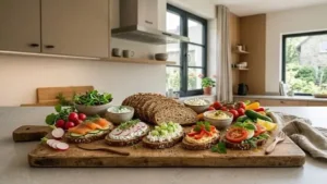 Leichtes kaltes Abendessen mit Brot, frischem Gemüse und Aufstrichen