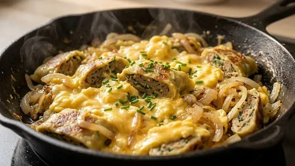 Cremiges Ei wird in der Pfanne sanft gezogen und verbindet Maultaschen und Zwiebeln