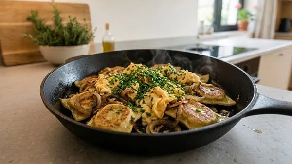 Maultaschen aus der Pfanne mit Zwiebeln und cremigem Ei in 15 Minuten
