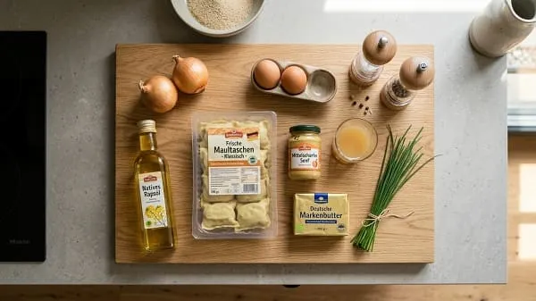 Zutaten für Maultaschen aus der Pfanne mit Zwiebeln und Ei