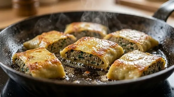 Maultaschen-Scheiben werden in der Pfanne goldbraun angebraten