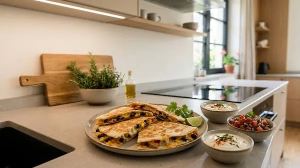 Quesadillas sind in Dreiecke geschnitten, innen sichtbar Käse, Bohnen und Mais