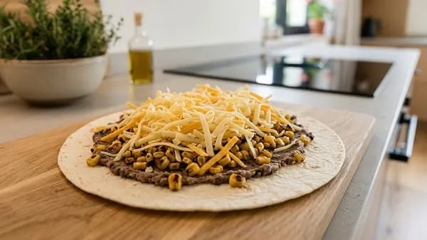 Tortilla wird mit Käse, Bohnencreme und Mais belegt und mit Käse abgeschlossen