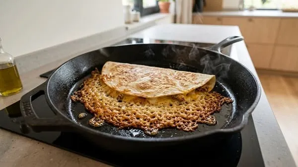 Quesadilla brät in der Pfanne auf einem Ring aus geschmolzenem Käse, der knusprig wird