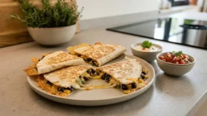 Knusprige Quesadillas mit Käse, Bohnen und Mais in der Pfanne