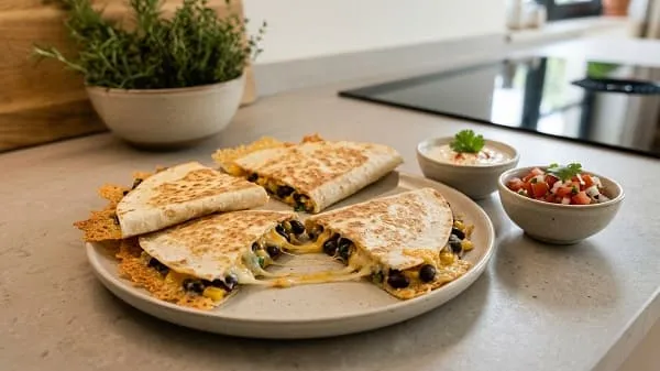Knusprige Quesadillas mit Käse, Bohnen und Mais in der Pfanne