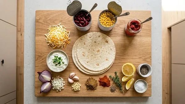 Zutaten für schnelle Quesadillas mit Käse, Bohnen und Mais auf einem Küchenbrett