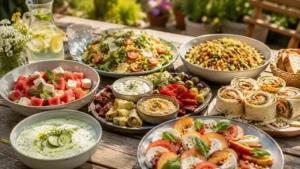 Sommerlicher Tisch mit leichten schnellen Gerichten für Gäste an heißen Tagen