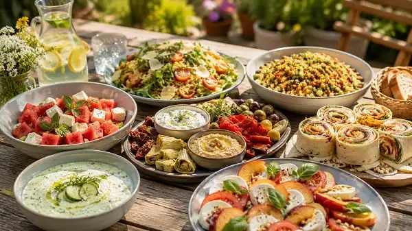 Sommerlicher Tisch mit leichten schnellen Gerichten für Gäste an heißen Tagen