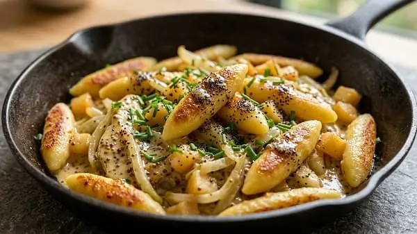 Knusprige Schupfnudeln mit Apfel-Fenchel und Mohnbutter in der Pfanne