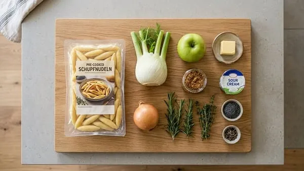 Zutaten für Schupfnudeln mit Apfel und Fenchel auf einem Brett bereitgestellt