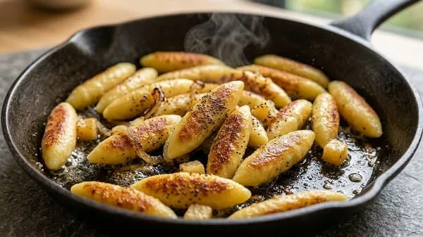 Schupfnudeln werden in einer heißen Pfanne goldbraun angebraten