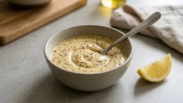 Schmand wird mit körnigem Senf und Zitronensaft zu einer cremigen Sauce verrührt