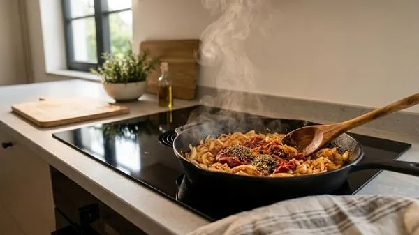 Zwiebeln und Gewürze werden in der Pfanne angeröstet als Basis für Shakshuka