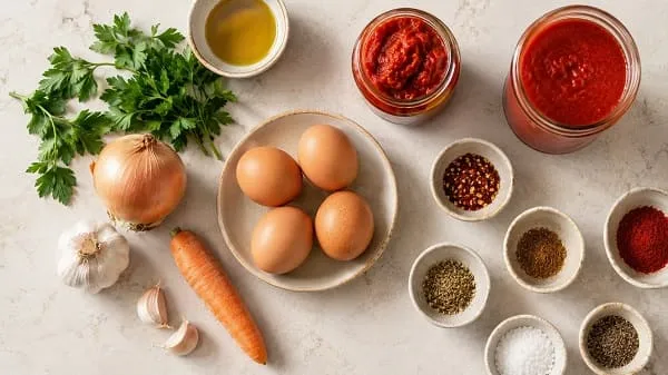 Zutaten für schnelle Shakshuka: Eier, passierte Tomaten, Ajvar, Zwiebel, Knoblauch und Gewürze