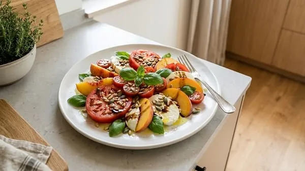 Tomate-Mozzarella mit Pfirsich, Basilikum und gerösteten Kernen