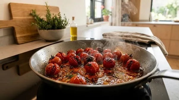 Kirschtomaten werden in einer Pfanne angeröstet, bis sie aufplatzen und Saft geben