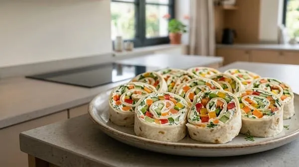Tortilla-Rollen mit Frischkäse und Gemüse aufgeschnitten auf einem Brett