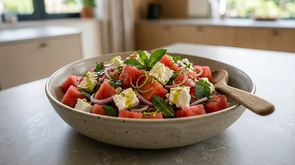 Wassermelonen-Feta-Salat mit Minze und Limette in einer Schüssel