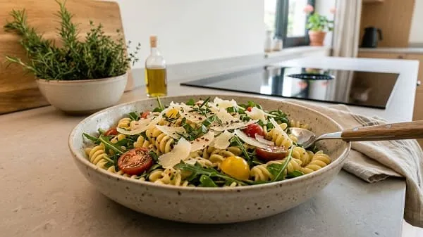 Zitroniger Nudelsalat mit Rucola, Tomaten und Parmesan