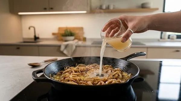 Zwiebeln in der Pfanne werden mit Apfelsaft abgelöscht