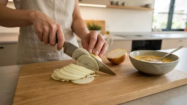 Zwiebeln in Halbringe schneiden und Ei mit Senf verquirlen